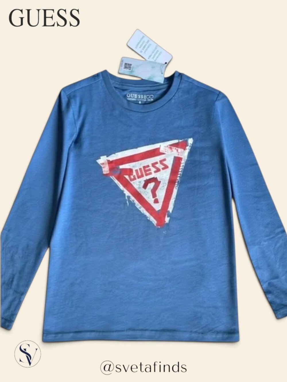 NWT GUESS ECO Boys Blue Classic Triangle Logo Long Sleeve Tee Size 8